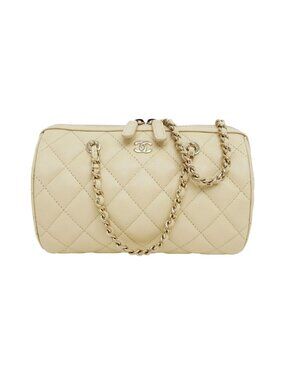 Chanel Mini Boston Chain Shoulder Bag Caviar Leather Beige Gold